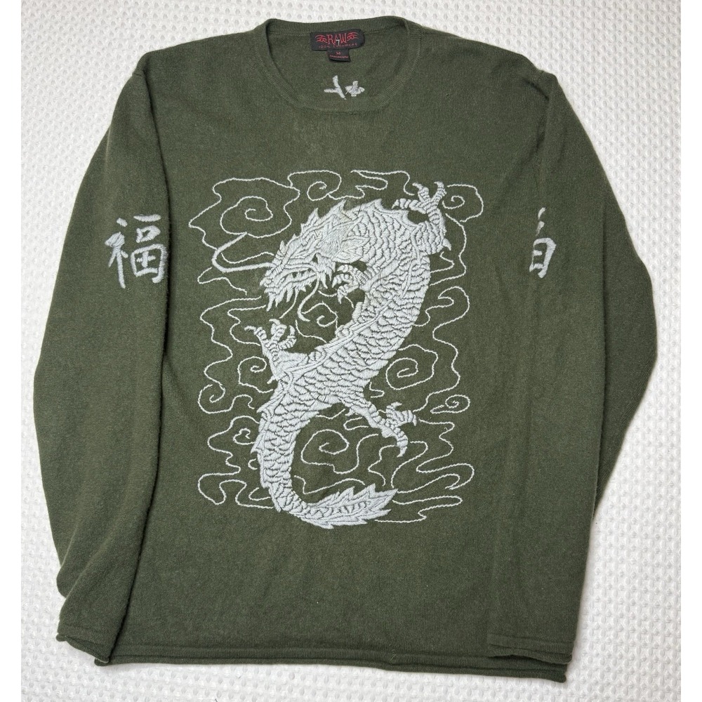 VTG RAW 7 Cashmere Sweater Med Green Dragon Embroidered Japanese Chinese Y2K